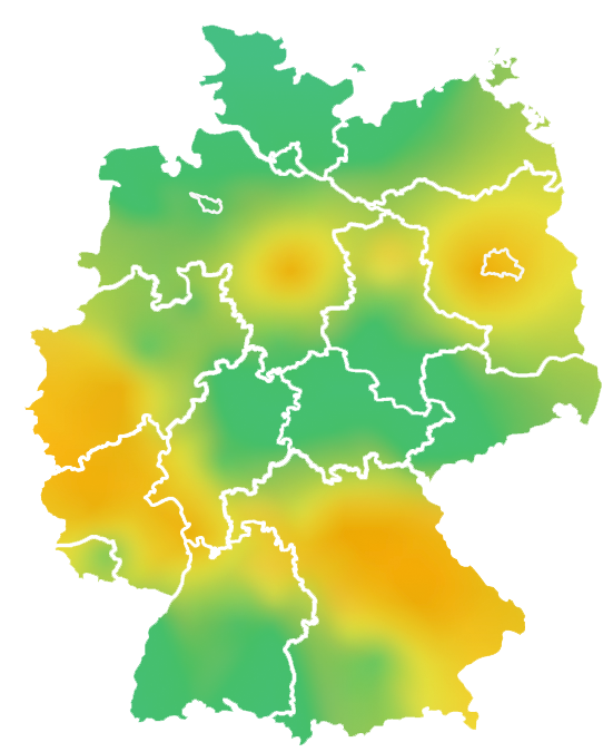 Eine grüne Karte Deutschlands, die die Pollenbelastung durch orange Verfärbung verdeutlicht