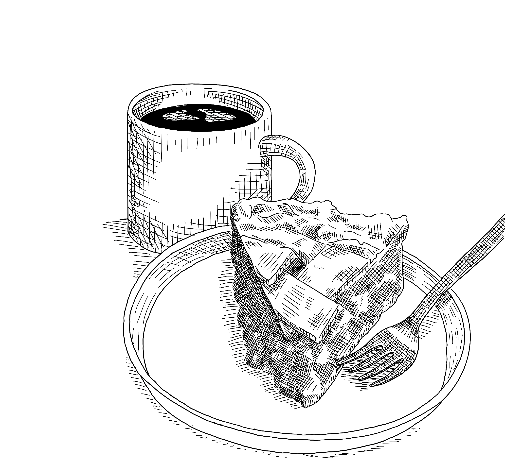 Eine Illustration eines Kirschkuchen mit einer Tasse Kaffee