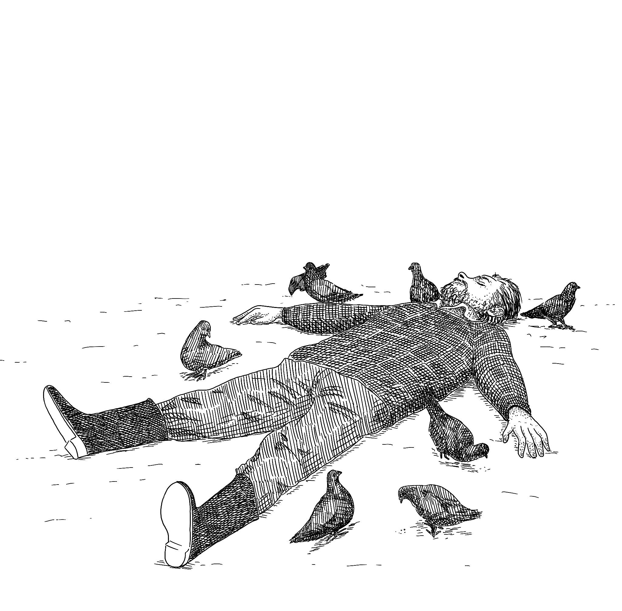 Eine Illustration eines Mannes, der auf dem Rücken liegt und umgeben ist von Tauben